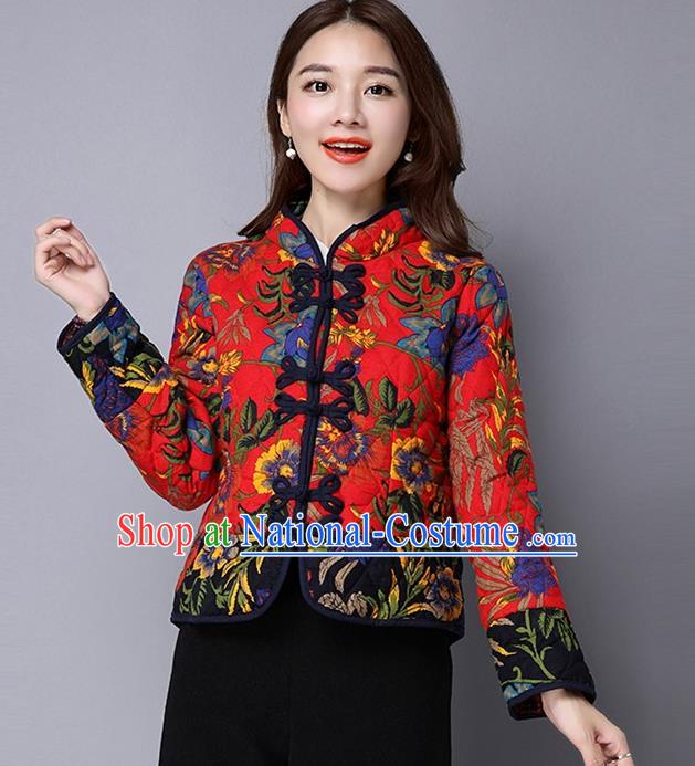 Traditional Ancient Chinese National Costume, Elegant Hanfu Coat, China Tang Suit Stand Collar Cotton-Padded Coat, Upper Outer Garment Embroidered Red Jacket Clothing for Women