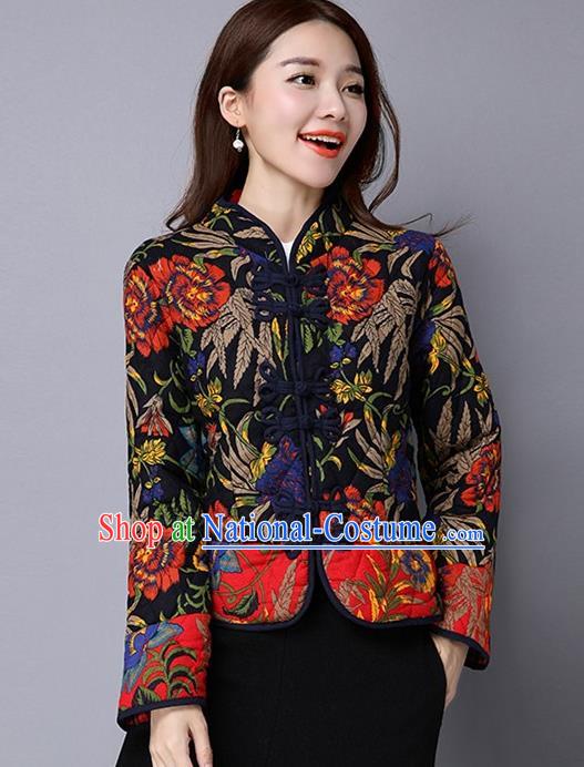 Traditional Ancient Chinese National Costume, Elegant Hanfu Coat, China Tang Suit Stand Collar Cotton-Padded Coat, Upper Outer Garment Embroidered Black Jacket Clothing for Women