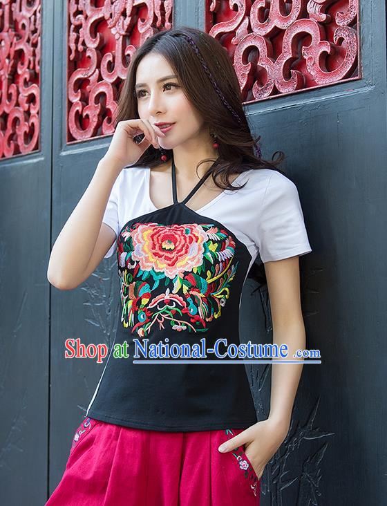 Traditional Ancient Chinese National Costume, Elegant Hanfu Halter T-Shirt, China Tang Suit Round Collar White Embroidered Peony Blouse Cheongsam Upper Outer Garment Clothing for Women