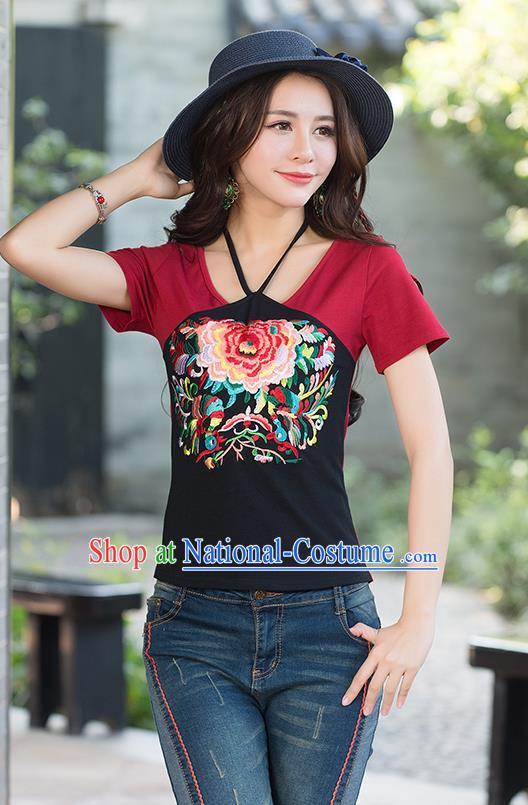 Traditional Ancient Chinese National Costume, Elegant Hanfu Halter T-Shirt, China Tang Suit Round Collar Red Embroidered Peony Blouse Cheongsam Upper Outer Garment Clothing for Women