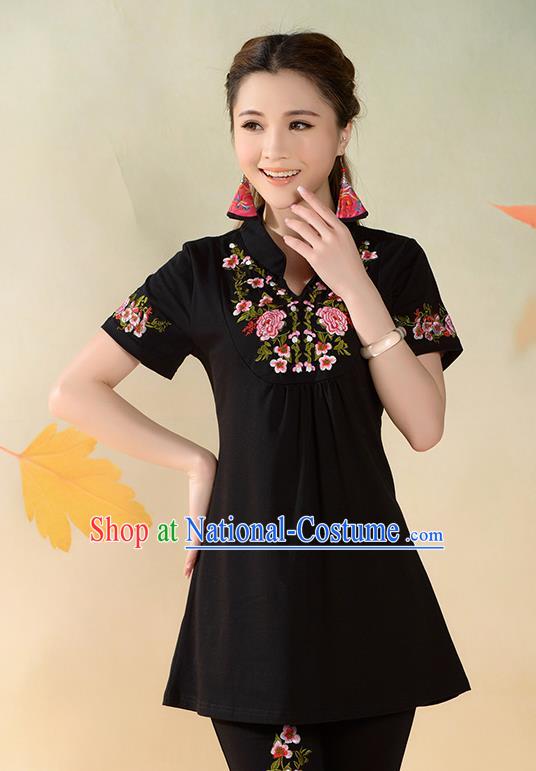 Traditional Ancient Chinese National Costume, Elegant Hanfu T-Shirt, China Tang Suit Mandarin Collar Black Blouse Cheongsam Upper Outer Garment Clothing for Women