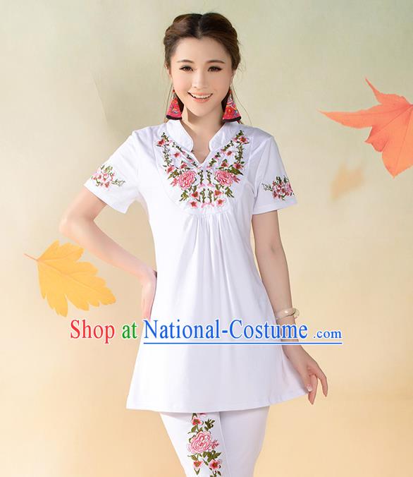 Traditional Ancient Chinese National Costume, Elegant Hanfu T-Shirt, China Tang Suit Mandarin Collar White Blouse Cheongsam Upper Outer Garment Clothing for Women