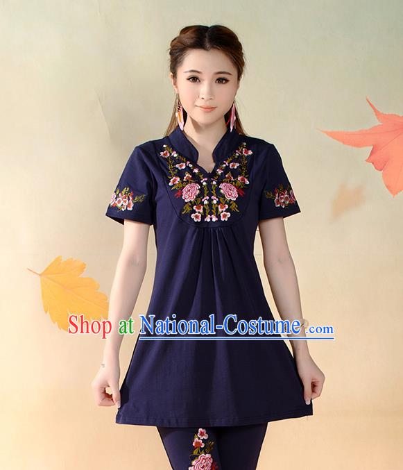 Traditional Ancient Chinese National Costume, Elegant Hanfu T-Shirt, China Tang Suit Mandarin Collar Navy Blouse Cheongsam Upper Outer Garment Clothing for Women