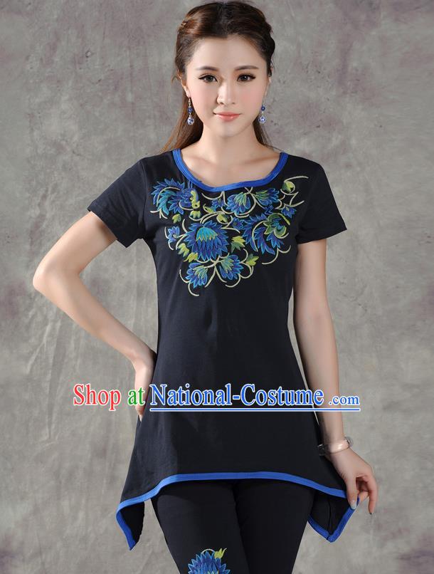 Traditional Ancient Chinese National Costume, Elegant Hanfu T-Shirt, China Tang Suit Round Collar Black Embroidered Blouse Cheongsam Upper Outer Garment Clothing for Women