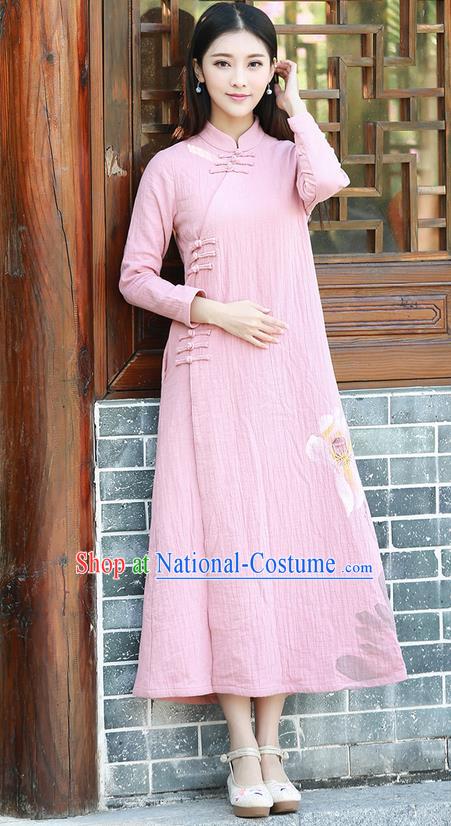 Traditional Ancient Chinese National Costume, Elegant Hanfu Hand Printing Linen Dress, China Tang Suit Cheongsam Upper Outer Garment Pink Elegant Dress Clothing for Women