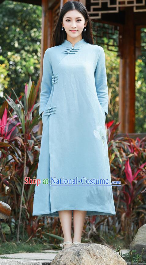 Traditional Ancient Chinese National Costume, Elegant Hanfu Hand Printing Linen Dress, China Tang Suit Cheongsam Upper Outer Garment Blue Elegant Dress Clothing for Women