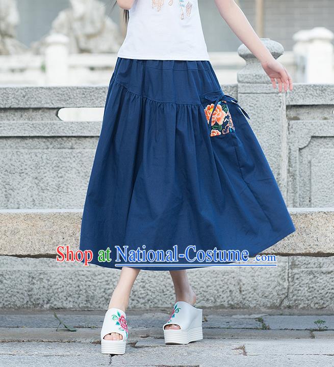 Traditional Ancient Chinese National Pleated Skirt Costume, Elegant Hanfu Embroidered Peony Long Dress, China Tang Suit Cotton Blue Bust Skirt for Women