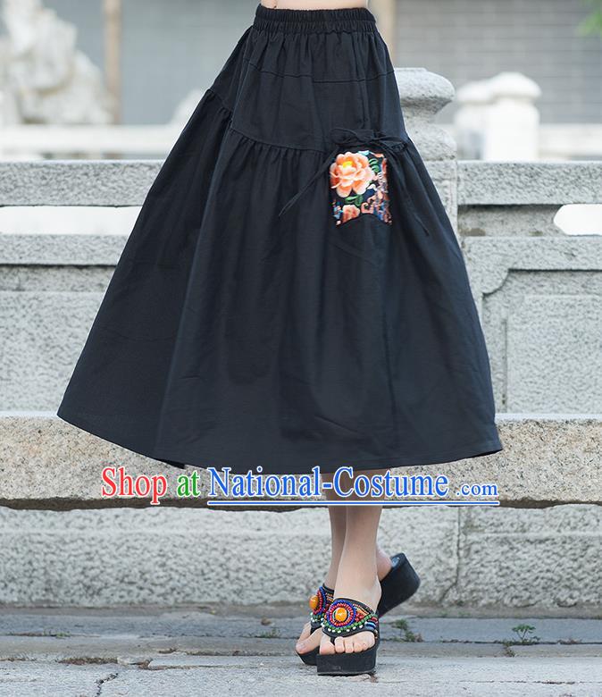 Traditional Ancient Chinese National Pleated Skirt Costume, Elegant Hanfu Embroidered Peony Long Dress, China Tang Suit Cotton Black Bust Skirt for Women