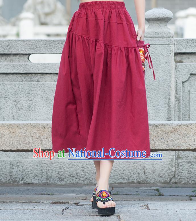 Traditional Ancient Chinese National Pleated Skirt Costume, Elegant Hanfu Embroidered Peony Long Dress, China Tang Suit Cotton Red Bust Skirt for Women