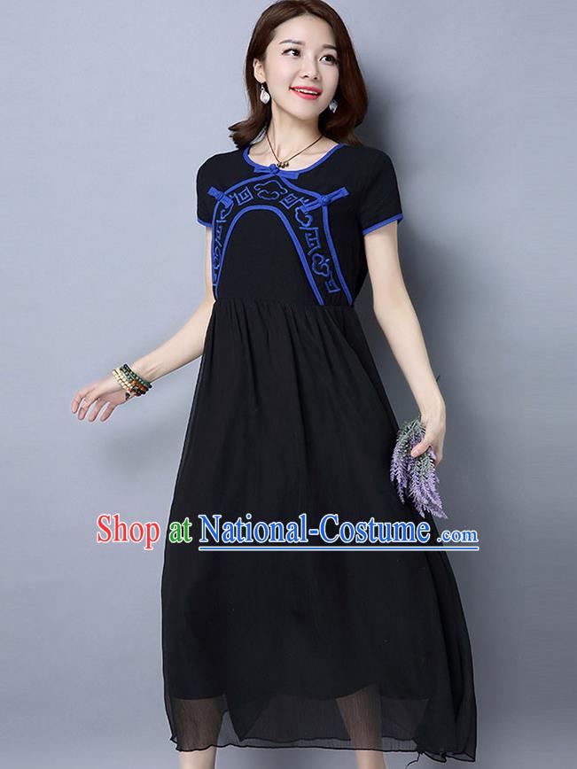 Traditional Ancient Chinese National Costume, Elegant Hanfu Embroidered Chiffon Dress, China Tang Suit Cheongsam Upper Outer Garment Black Elegant Dress Clothing for Women