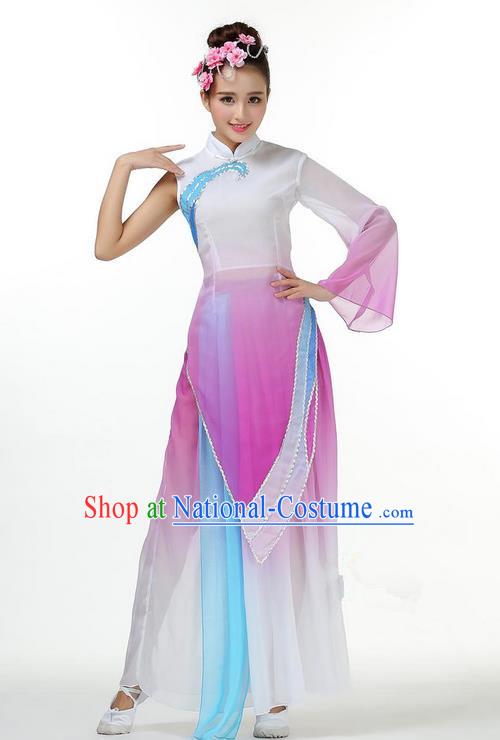 Traditional Chinese Yangge Fan Dancing Costume, Folk Dance Yangko Mandarin Sleeve Dress and Pants Single Shoulder Sleeve Uniforms, Classic Umbrella Lotus Dance Elegant Dress Drum Dance Purple Clothing for Women