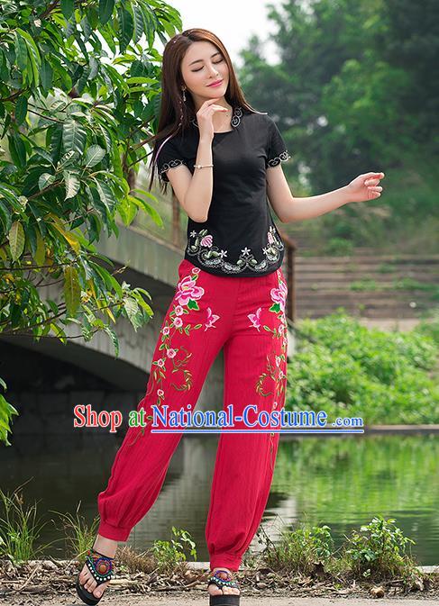 Traditional Ancient Chinese National Costume Plus Fours, Elegant Hanfu Embroidered Peony Pants, China Tang Suit Cotton Red Bloomers for Women