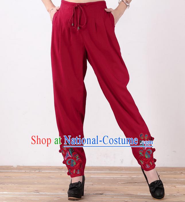 Traditional Ancient Chinese National Costume Plus Fours, Elegant Hanfu Embroidered Pants, China Tang Suit Linen Red Bloomers for Women