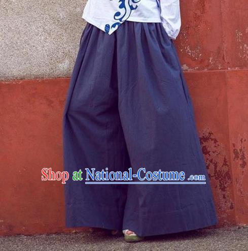 Traditional Ancient Chinese National Costume Loose Pants, Elegant Hanfu Pants, China Tang Suit Linen Navy Wide Leg Pants for Women