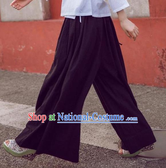 Traditional Ancient Chinese National Costume Loose Pants, Elegant Hanfu Pants, China Tang Suit Linen Black Wide Leg Pants for Women