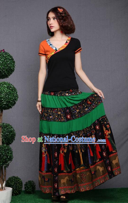 Traditional Ancient Chinese National Pleated Skirt Costume, Elegant Hanfu Printing Pleated Long Dress, China National Minority Tang Suit Cotton Green Bust Skirt for Women