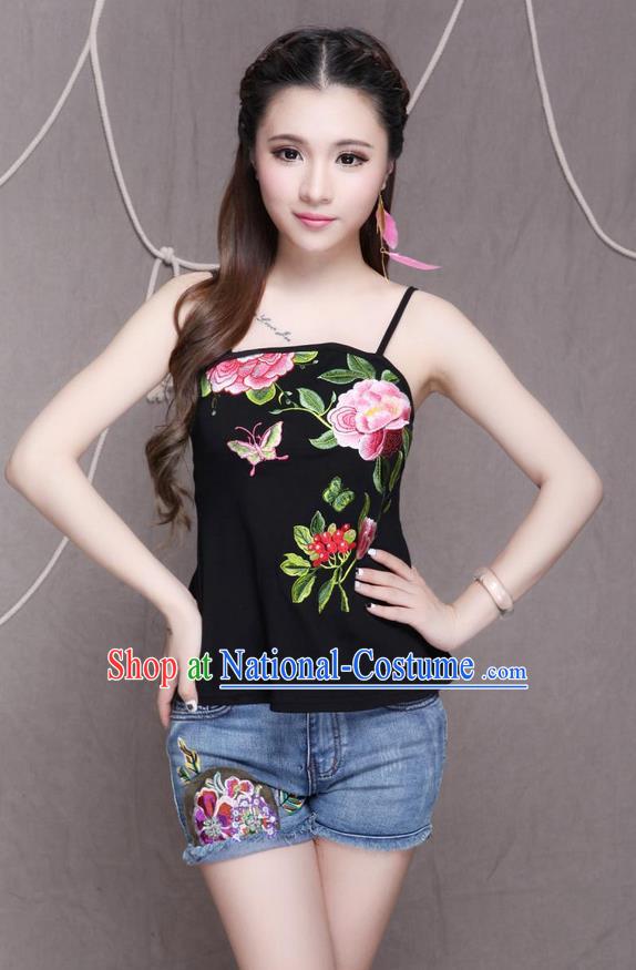 Traditional Ancient Chinese National Costume, Elegant Hanfu Halter Camisole, China National Minority Tang Suit Black Embroidered Peony Waistcoat Upper Outer Garment Clothing for Women