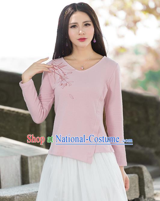 Traditional Ancient Chinese National Costume, Elegant Hanfu T-Shirt, China Tang Suit Round Collar Pink Base Blouse Cheongsam Upper Outer Garment Clothing for Women