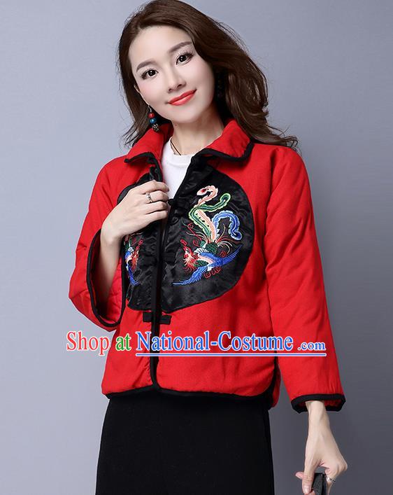 Traditional Ancient Chinese National Costume, Elegant Hanfu Coat, China Tang Suit Stand Collar Cotton-Padded Coat, Upper Outer Garment Embroidered Phoenix Red Jacket Clothing for Women