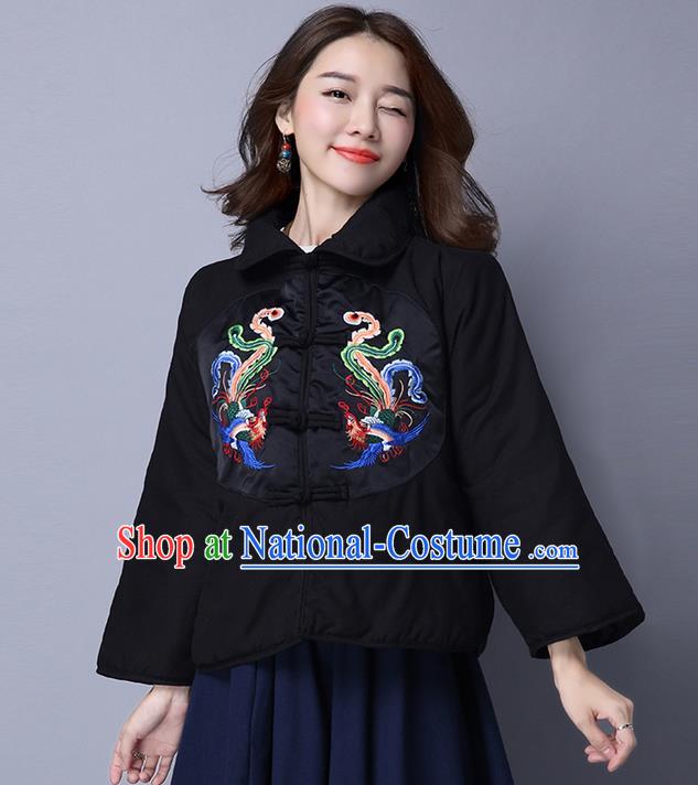 Traditional Ancient Chinese National Costume, Elegant Hanfu Coat, China Tang Suit Stand Collar Cotton-Padded Coat, Upper Outer Garment Embroidered Phoenix Black Jacket Clothing for Women