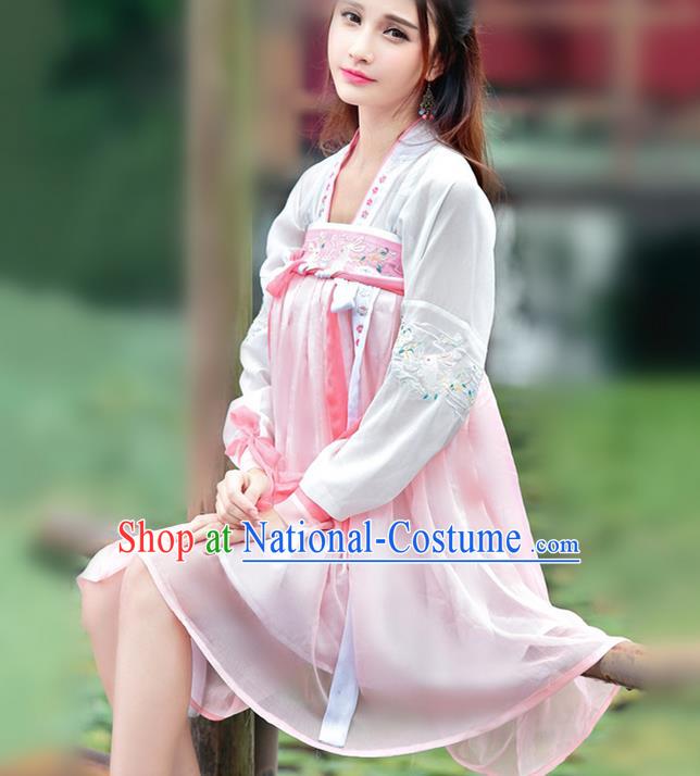 Traditional Ancient Chinese Ancient Costume, Elegant Hanfu Clothing Embroidered Pink Dress, China Tang Dynasty Blouse and Skirt Complete Set for Women