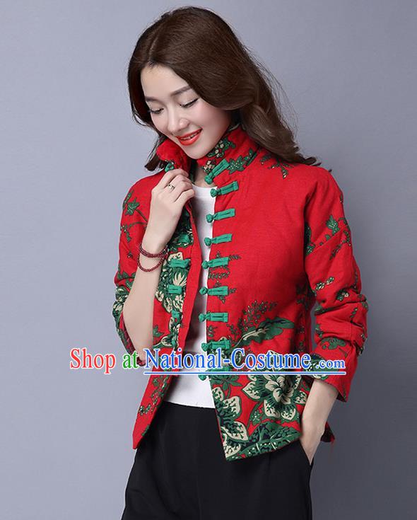 Traditional Ancient Chinese National Costume, Elegant Hanfu Coat, China Tang Suit Stand Collar Cotton-Padded Coat, Upper Outer Garment Embroidered Red Jacket Clothing for Women