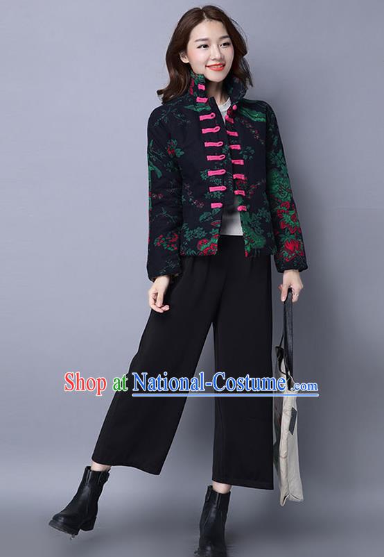 Traditional Ancient Chinese National Costume, Elegant Hanfu Coat, China Tang Suit Stand Collar Cotton-Padded Coat, Upper Outer Garment Embroidered Navy Jacket Clothing for Women