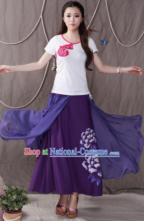 Traditional Ancient Chinese National Pleated Skirt Costume, Elegant Hanfu Printing Peony Big Swing Long Dress, China Tang Suit Cotton Purple Bust Skirt for Women