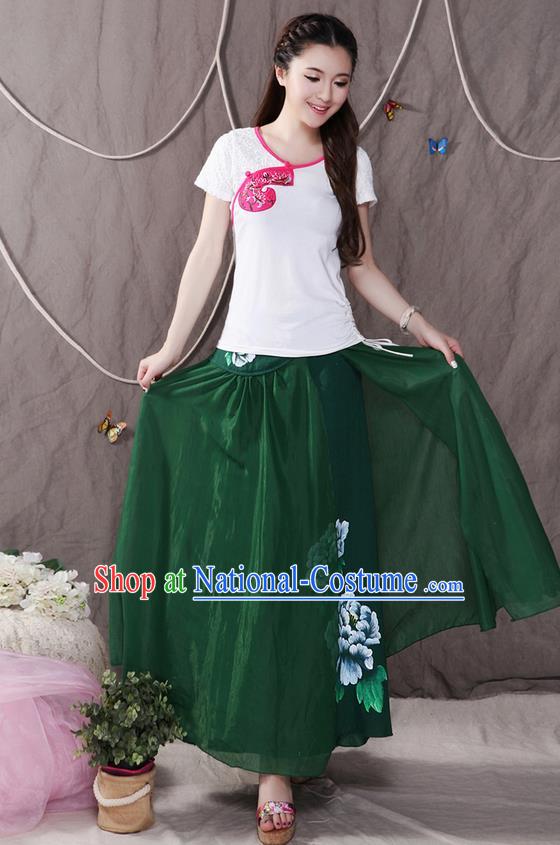 Traditional Ancient Chinese National Pleated Skirt Costume, Elegant Hanfu Printing Peony Big Swing Long Dress, China Tang Suit Cotton Green Bust Skirt for Women