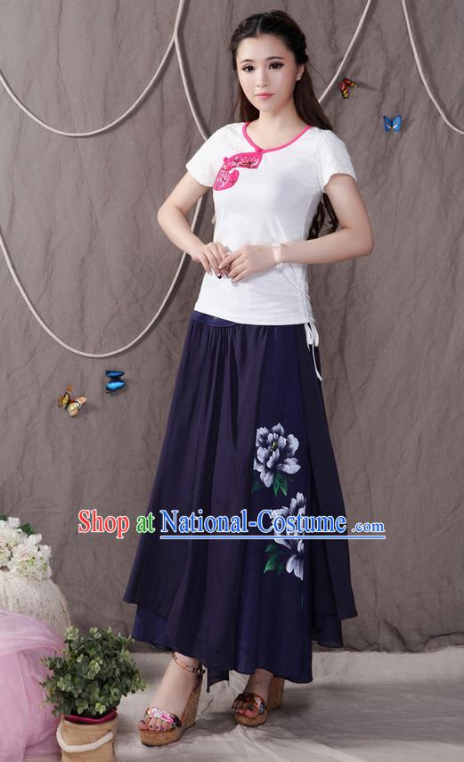 Traditional Ancient Chinese National Pleated Skirt Costume, Elegant Hanfu Printing Peony Big Swing Long Dress, China Tang Suit Cotton Navy Bust Skirt for Women