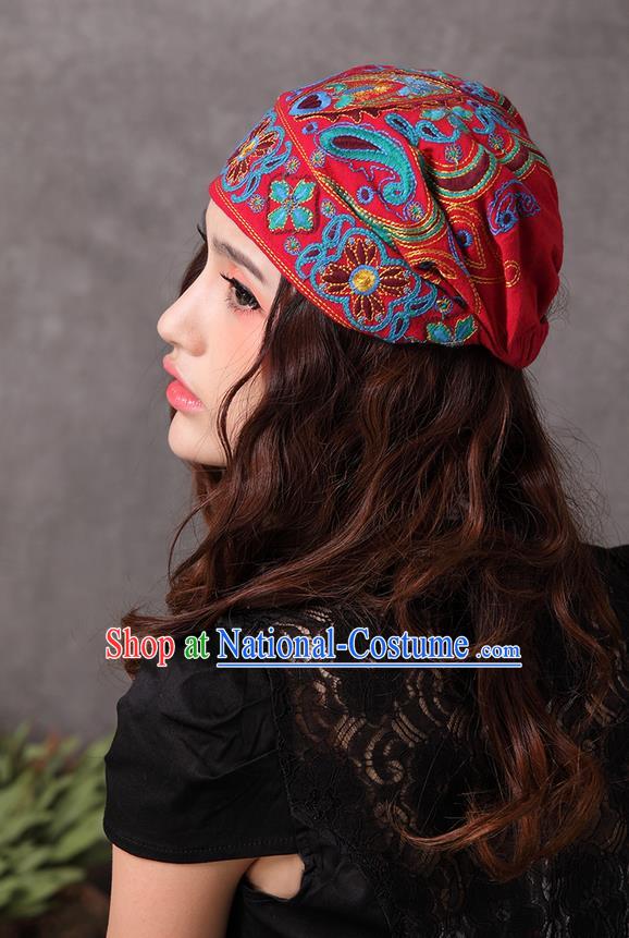 Traditional Chinese National Embroidered Crafts Headgear, China National Minority Handmade Embroidered Red Hat for Women