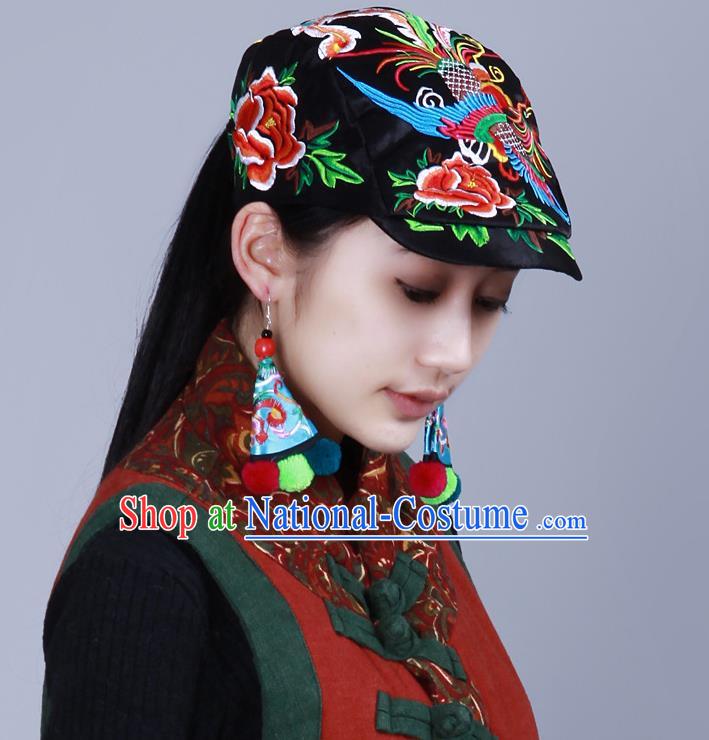 Traditional Chinese National Embroidered Phoenix Crafts Headgear, China National Minority Handmade Embroidered Black Cap for Women