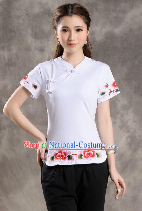 Traditional Ancient Chinese National Costume, Elegant Hanfu Shirt, China Tang Suit Embroidered White Blouse Cheongsam Upper Outer Garment Clothing for Women