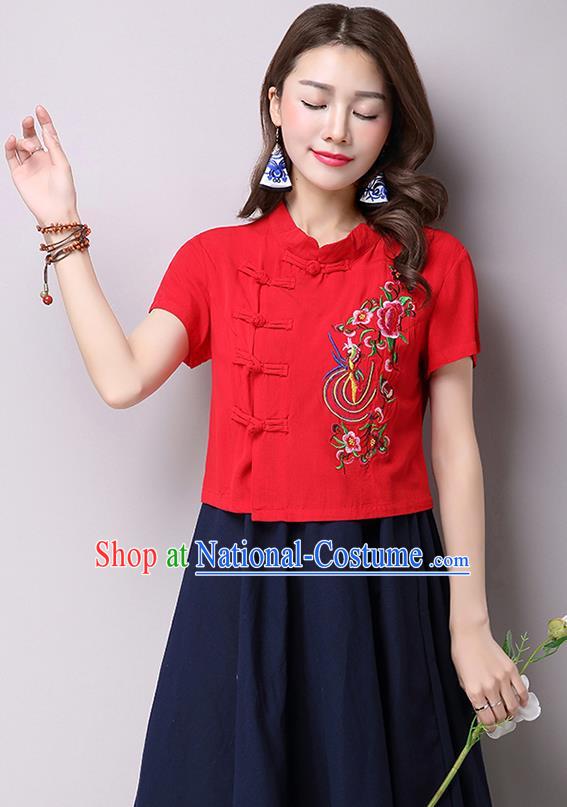 Traditional Ancient Chinese National Costume, Elegant Hanfu Shirt, China Tang Suit Red Embroidered Stand Collar Blouse Cheongsam Upper Outer Garment Shirt Clothing for Women