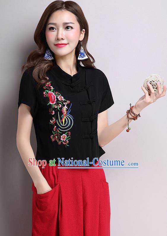 Traditional Ancient Chinese National Costume, Elegant Hanfu Shirt, China Tang Suit Black Embroidered Stand Collar Blouse Cheongsam Upper Outer Garment Shirt Clothing for Women