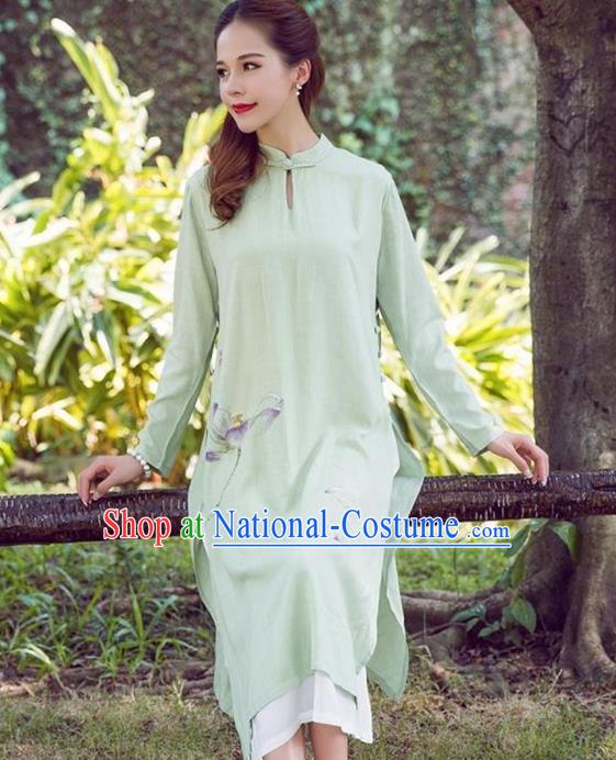 Traditional Ancient Chinese National Costume, Elegant Hanfu Green Printing Dress, China National Minority Tang Suit Cheongsam Upper Outer Garment Dress Clothing for Women