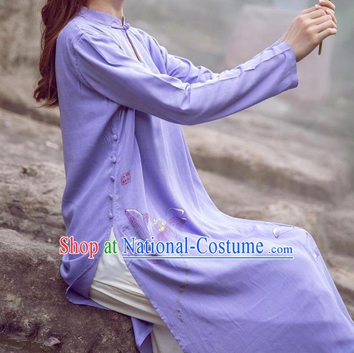 Traditional Ancient Chinese National Costume, Elegant Hanfu Purple Printing Dress, China National Minority Tang Suit Cheongsam Upper Outer Garment Dress Clothing for Women