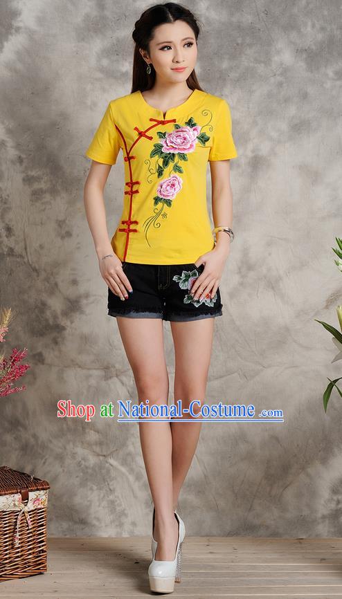 Traditional Ancient Chinese National Costume, Elegant Hanfu Plated Buttons T-Shirt, China Tang Suit Embroidered Peony Yellow Blouse Cheongsam Upper Outer Garment Shirts Clothing for Women