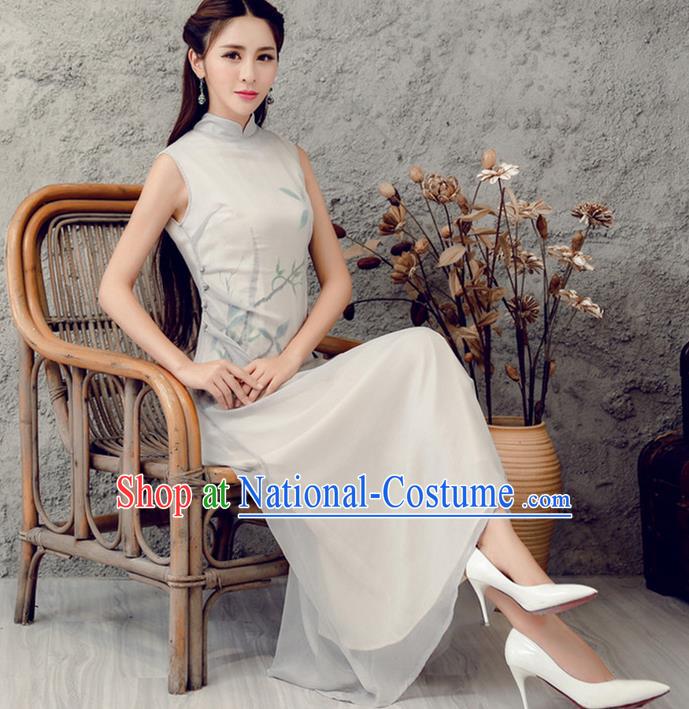 Traditional Ancient Chinese National Costume, Elegant Hanfu Hand Printing Silk Dress, China Tang Suit Cheongsam Upper Outer Garment Qipao Elegant Dress Clothing for Women