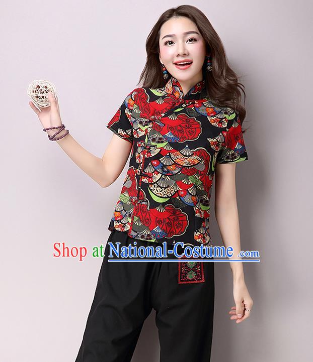 Traditional Ancient Chinese National Costume, Elegant Hanfu Plated Buttons Short Sleeve Shirt, China Tang Suit Embroidered Blue Blouse Cheongsam Upper Outer Garment Shirts Clothing for Women