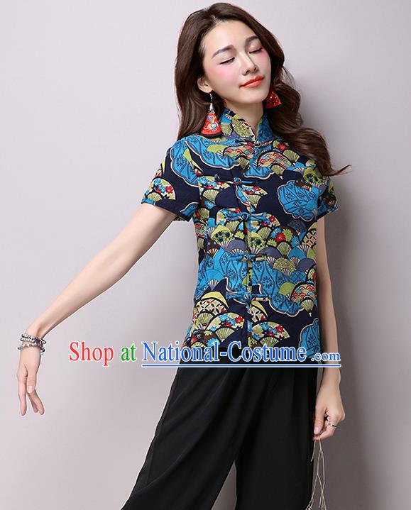 Traditional Ancient Chinese National Costume, Elegant Hanfu Plated Buttons Short Sleeve Shirt, China Tang Suit Embroidered Blue Blouse Cheongsam Upper Outer Garment Shirts Clothing for Women