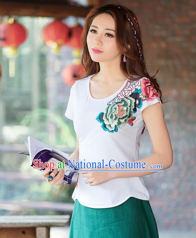 Traditional Ancient Chinese National Costume, Elegant Hanfu Round Collar T-Shirt, China Tang Suit Embroidered Peony White Blouse Cheongsam Upper Outer Garment Shirts Clothing for Women