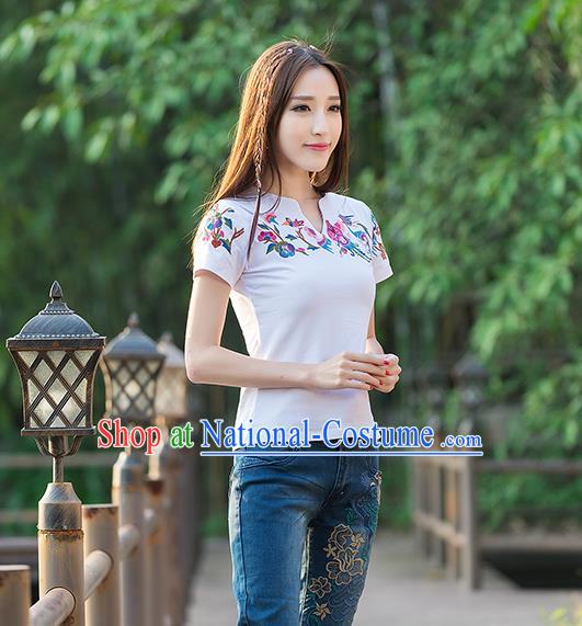 Traditional Ancient Chinese National Costume, Elegant Hanfu Short Sleeve T-Shirt, China Tang Suit Embroidered White Blouse Cheongsam Upper Outer Garment Shirts Clothing for Women