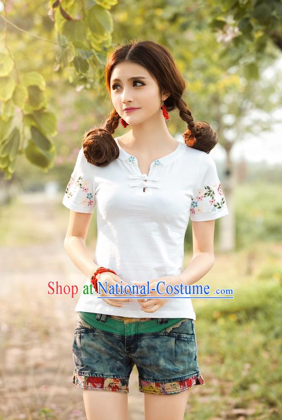 Traditional Ancient Chinese National Costume, Elegant Hanfu Short Sleeve Round Collar T-Shirt, China Tang Suit Embroidered White Blouse Cheongsam Upper Outer Garment Shirts Clothing for Women