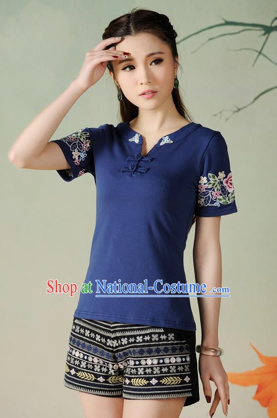 Traditional Ancient Chinese National Costume, Elegant Hanfu Short Sleeve Round Collar T-Shirt, China Tang Suit Embroidered Navy Blouse Cheongsam Upper Outer Garment Shirts Clothing for Women