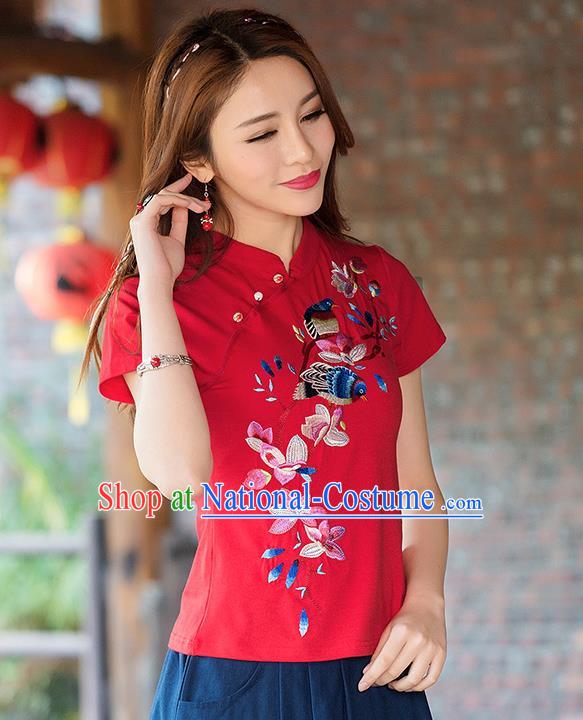 Traditional Ancient Chinese National Costume, Elegant Hanfu Stand Collar T-Shirt, China Tang Suit Embroidered Peach Blossom Red Blouse Cheongsam Upper Outer Garment Shirts Clothing for Women