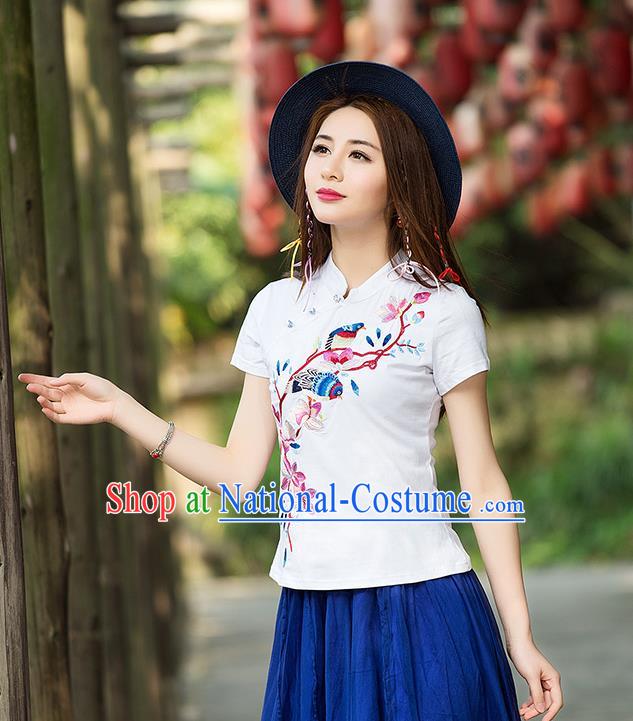 Traditional Ancient Chinese National Costume, Elegant Hanfu Stand Collar T-Shirt, China Tang Suit Embroidered Peach Blossom White Blouse Cheongsam Upper Outer Garment Shirts Clothing for Women