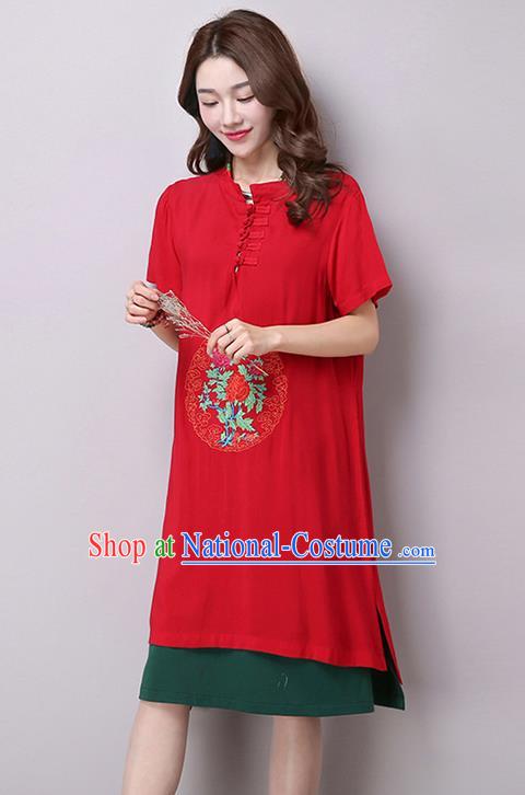 Traditional Ancient Chinese National Costume, Elegant Hanfu Stand Collar Embroidered Flax Dress, China Tang Suit Mandarin Collar Cheongsam Upper Outer Garment Red Dress Clothing for Women