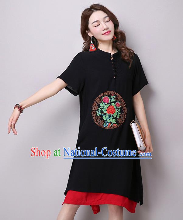 Traditional Ancient Chinese National Costume, Elegant Hanfu Stand Collar Embroidered Flax Dress, China Tang Suit Mandarin Collar Cheongsam Upper Outer Garment Black Dress Clothing for Women