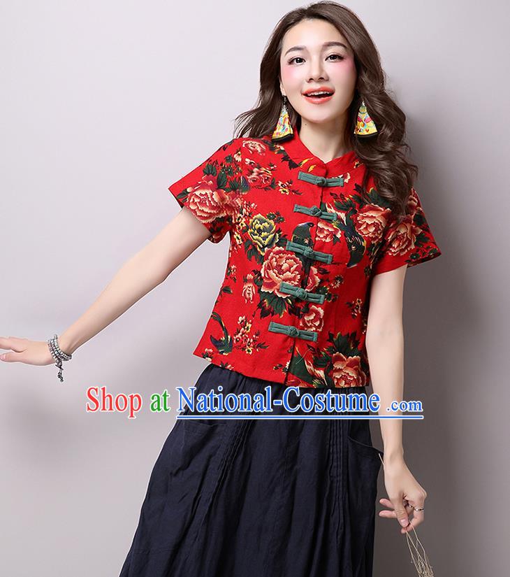 Traditional Ancient Chinese National Costume, Elegant Hanfu Plated Buttons Shirt, China Tang Suit Red Blouse Cheongsam Upper Outer Garment Shirts Clothing for Women